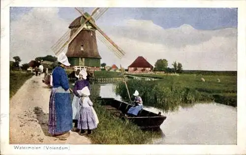 Ak Volendam Nordholland Niederlande, Watermolen, Windmühle, Trachten, Mädchen