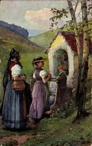 Künstler Ak Reiss, Fritz, Schwarzwälder Leben, Frauen in Trachten, Kapelle,Gebet