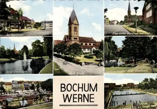 Ak Werne Bochum im Ruhrgebiet, katholische Kirche, evangelische Kirche, Amtshaus, Freibad