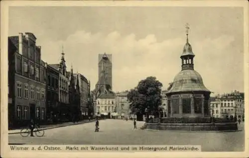 Ak Wismar in Mecklenburg Vorpommern, Markt mit Wasserkunst, Marienkirche