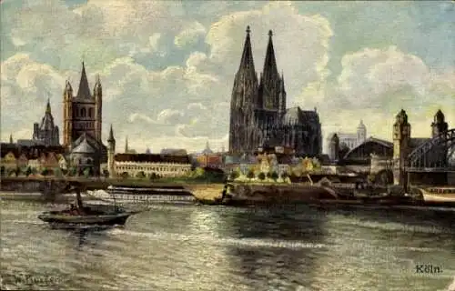 Ak Köln am Rhein, Dom, Flussansicht, Boote, Türme