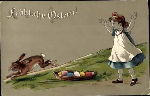 Ak Fröhliche Ostern, Kind, Osterhase, Ostereier