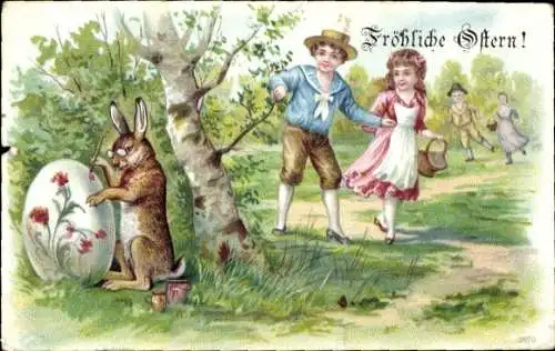 Litho Fröhliche Oster, Osterhase verziert Ei, Kinder auf Eiersuche