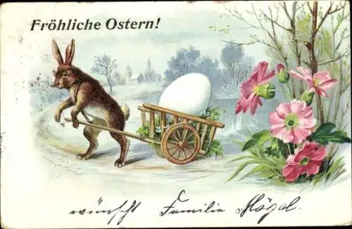 Litho Fröhliche Ostern, Osterhase zieht Ei im Karren