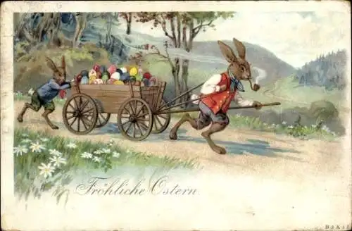 Künstler Ak Fröhliche Ostern, Osterhase zieht mit Ostereiern beladenen Wagen