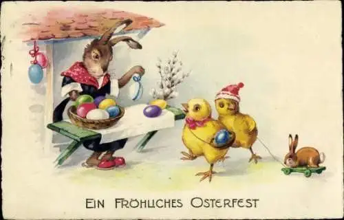 Ak Frohe Ostern, Osterhäsin, Ostereier, Küken