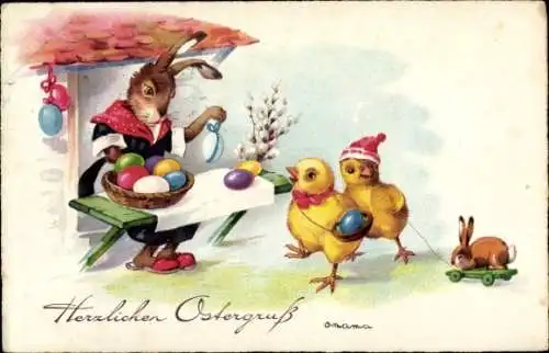 Ak Frohe Ostern, Osterhäsin, Ostereier, Küken