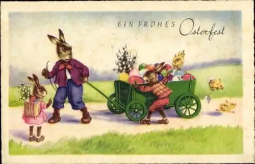 Ak Frohe Ostern, Osterhasen, Handwagen mit Ostereiern