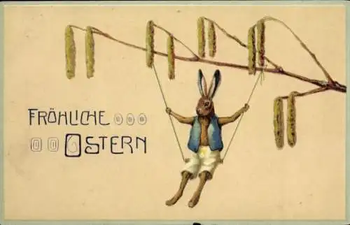 Ak Fröhliche Ostern, Osterhase auf der Schaukel