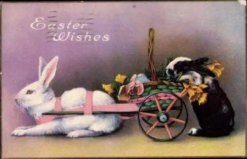 Ak Frohe Ostern, Osterhasen ziehen Wagen