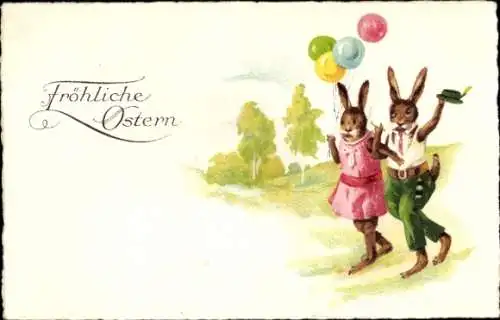 Ak Frohe Ostern, Osterhasen, Luftballons