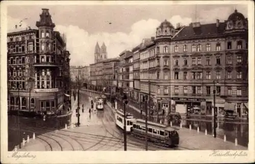 Ak Magdeburg in Sachsen Anhalt, Blick auf den Hasselbachplatz, Straßenbahnen, Geschäfte, Commerzbank