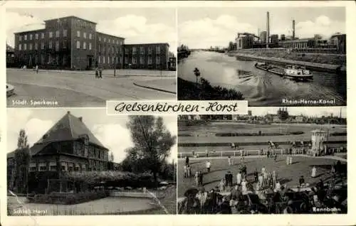 Ak Horst Gelsenkirchen im Ruhrgebiet, Schloss Horst, Rennbahn, Rhein-Herne-Kanal, Sparkasse