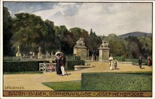 Ak Baden Baden am Schwarzwald, Gönneranlage, Josefinenbrücke, Passanten