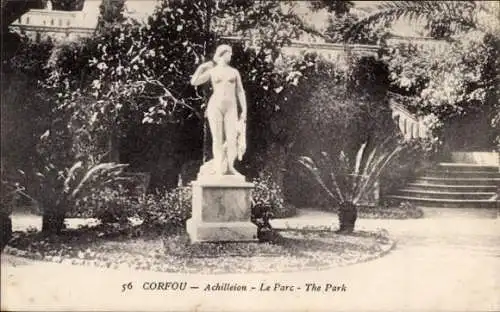 Ak Korfu Griechenland, Kaiserliche Villa Achilleion, Statue im Park