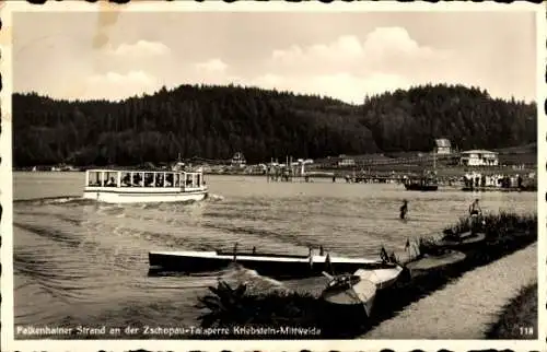 Ak Kriebstein Mittelsachsen, Falkenhainer Strand an der Zschopau Talsperre, Boote