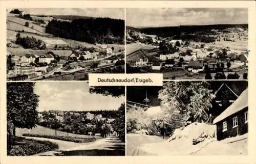 Ak Deutschneudorf im Erzgebirge, Panorama, Straßenpartie, Ort im Winter