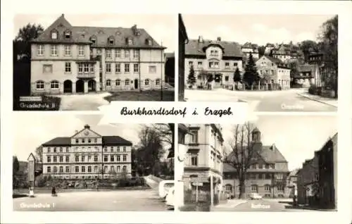 Ak Burkhardtsdorf im Erzgebirge Sachsen, Grundschule II und I, Ortsmitte, Rathaus