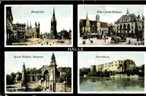 Ak Halle an der Saale, Marktplatz, altes Rathaus, neues Rathaus, Kaiser-Wilhelm-Denkmal, Moritzburg