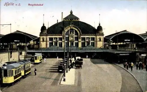 Ak Halle Saale, Frontalblick auf den Hauptbahnhof, Tram