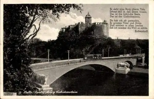 Ak Halle Saale, Burg Giebichenstein, Brücke mit Straßenbahn