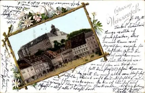 Passepartout Ak Weißenfels, Blick auf den Marktplatz, Burgansicht, Geschäfte