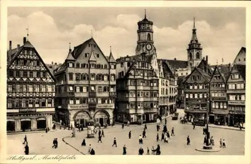 Ak Stuttgart in Baden Württemberg, Marktplatz, Stiftskirche, Fußgänger, Häuserpartie