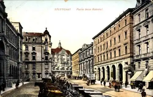 Ak Stuttgart in Württemberg, Bahnhof, Pferdekutschen