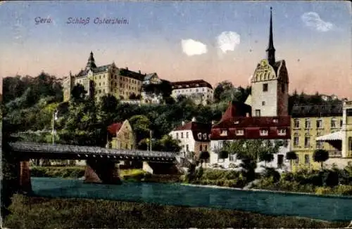 Ak Gera in Thüringen, Blick auf das Schloss Osterstein und den Ort, Brücke