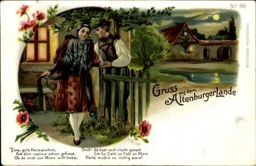 Litho Altenburg in Thüringen, Paar in Tracht am Gartenzaun, Mondschein