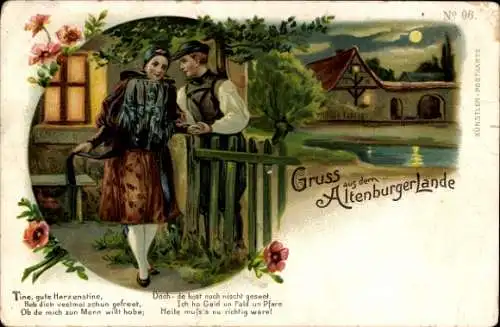 Litho Altenburg in Thüringen, Paar in Tracht am Gartenzaun, Mondschein