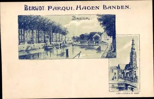 Lithographie Breda Nordbrabant Niederlande, Kanal, Kirche, Fahrgeschäfte Parqui, Hagen Banden