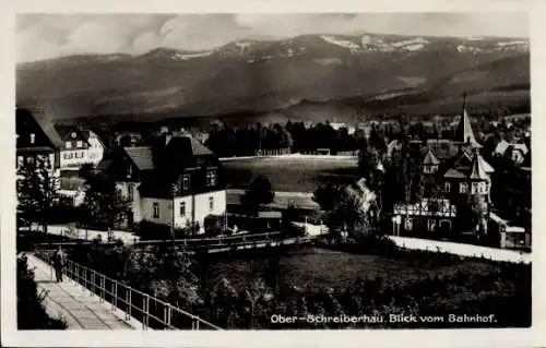 Ak Szklarska Poręba Ober-Schreiberhau Riesengebirge Schlesien, Blick vom Bahnhof