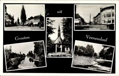 Ak Veenendaal Utrecht Niederlande, Hoofdstraat, Zandstraat, Bergbad, Kanaalweg, Kirche