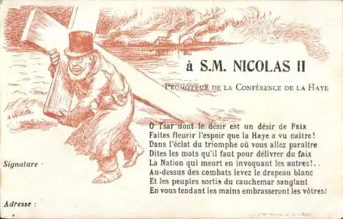 Künstler Ak Willette, A., A Tsar Nicolas II, Promoteur de la Conference de la Haye