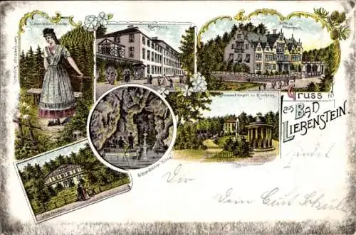 Litho Bad Liebenstein im Thüringer Wald, Schloss, Kurhaus, Villa, Höhle