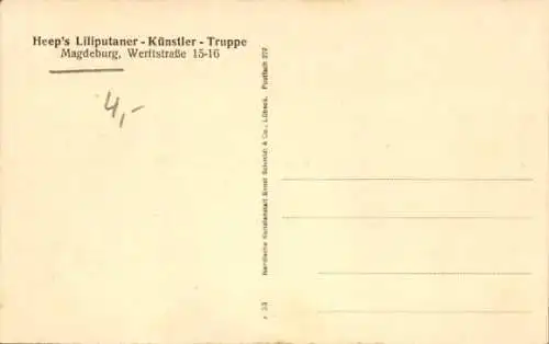 Ak Heeps Liliputaner Künstler Truppe in Uniform, Pagenkleider, Bedienstete, Magdeburg