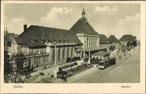 Ak Görlitz in der Lausitz, Bahnhof, Straßenbahn