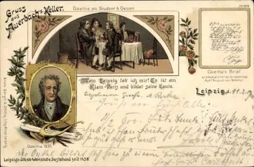 Litho Leipzig in Sachsen, Auerbach's Keller, Portrait Goethe 1830, Goethe als Student, Brief