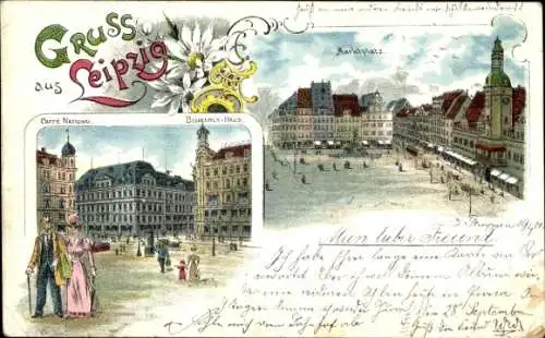 Litho Leipzig in Sachsen, Marktplatz, Bismarck-Haus, Café National