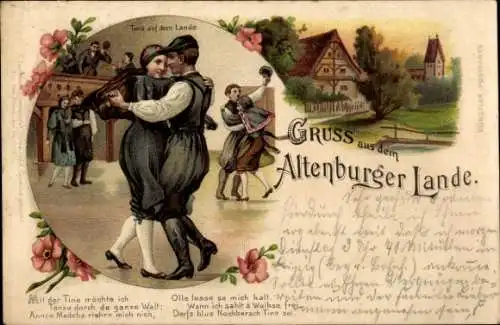 Litho Gruß aus dem Altenburger Lande, Tanz auf dem Lande, Trachten Thüringen