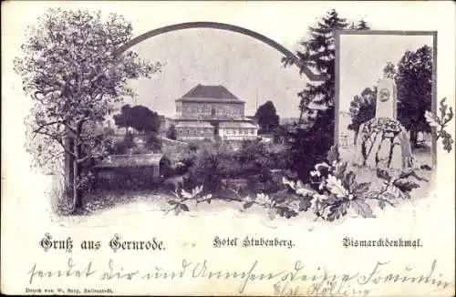 Ak Gernrode Quedlinburg im Harz, Hotel Stubenberg, Bismarckdenkmal