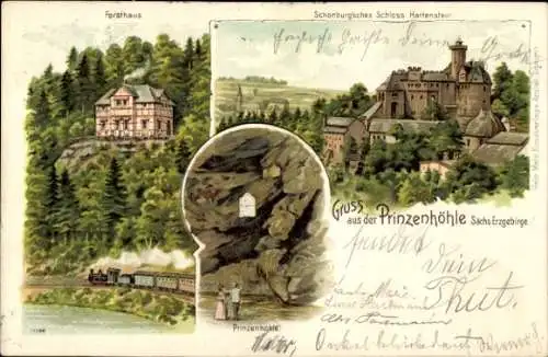 Litho Hartenstein im Erzgebirge Sachsen, Schönburgsches Schloss, Prinzenhöhle, Forsthaus