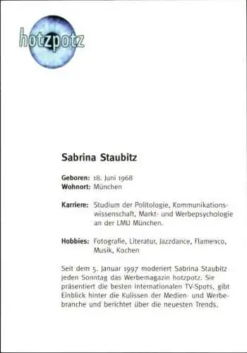 Ak Moderarotin Sabrina Staubitz, Portrait, Werbemagazin Hotzpotz,  Autogramm