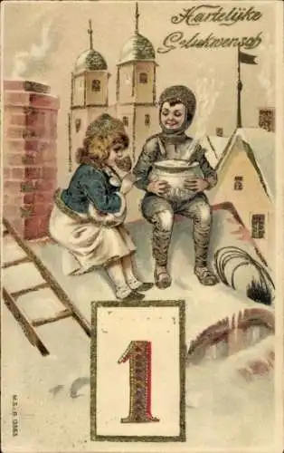 Präge Litho Neujahr, Schornsteinfeger, Punsch