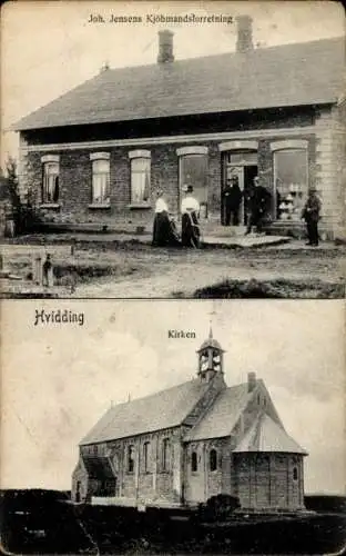 Ak Hvidding Dänemark, Kolonialwarenhandlung Joh Jennsens, Kirche