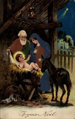 Präge Litho Frohe Weihnachten, Krippenszene