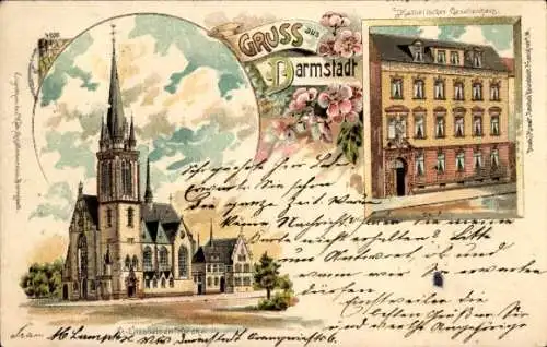 Litho Darmstadt in Hessen, Elisabethen-Kirche, Katholisches Gesellenhaus