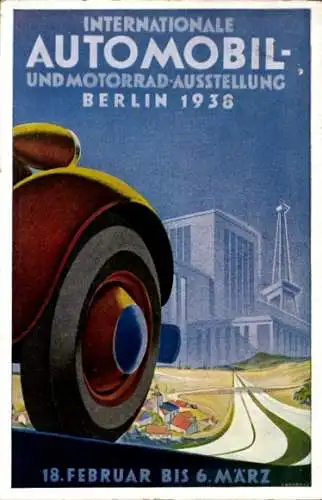 Künstler Ak Internationale Automobil- und Motorrad Ausstellung Berlin 1938, Funkturm