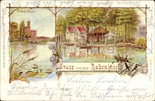 Litho Böllberg Wörmlitz Halle an der Saale, Rabeninsel, Bölberger-Mühle